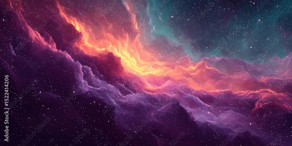 Fototapeta premium Fiery Nebula Explosion with Vivid Magenta and Teal Colors, Dramatic Interstellar Background