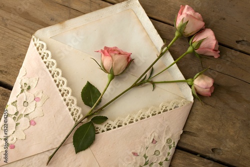 A vintage love letter resting in a lacy floral envelope with delicate pink roses on rustic wooden background, evoking nostalgia, romance, and timeless elegance