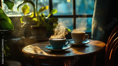 Warm cups of coffee on a wooden table with sunlight highlighting steam in a cozy setting during morning hours