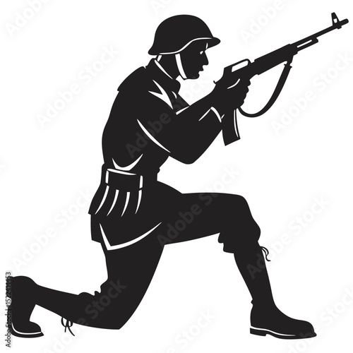 Soldier Silhouette Kneeling Aiming Rifle, Helmeted Figure in Action, Military