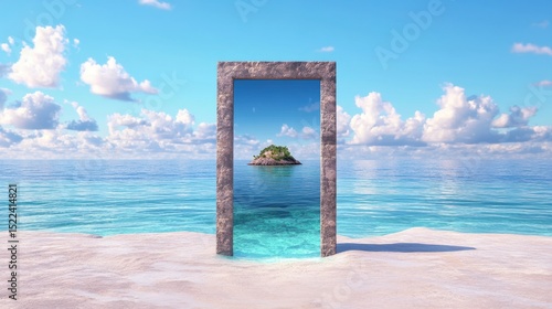 Wallpaper Mural A surreal doorway opens to a tranquil sea with clouds above and a distant island visible. Torontodigital.ca