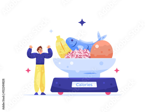concept of managing protein intake. controlling daily calorie intake for health purposes. nutrition. illustration of a man weighing the calorie value of fish, brown rice, egg, and banana. flat style 