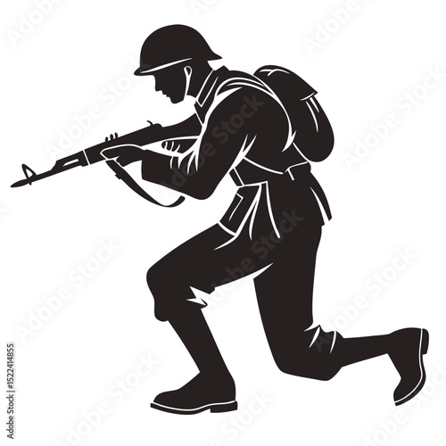 Silhouette of Kneeling Soldier Aiming Rifle in Black and White Uniform Armed Forces