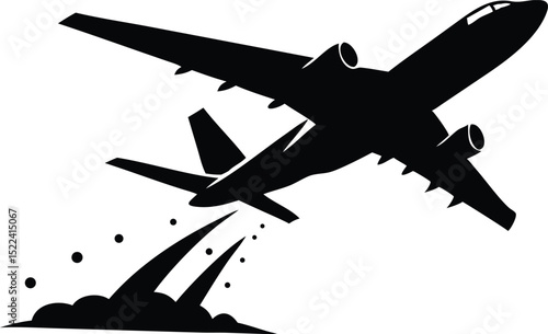 Black Silhouette of Plane Taking Off Against White Background with Smoke Trail Detail