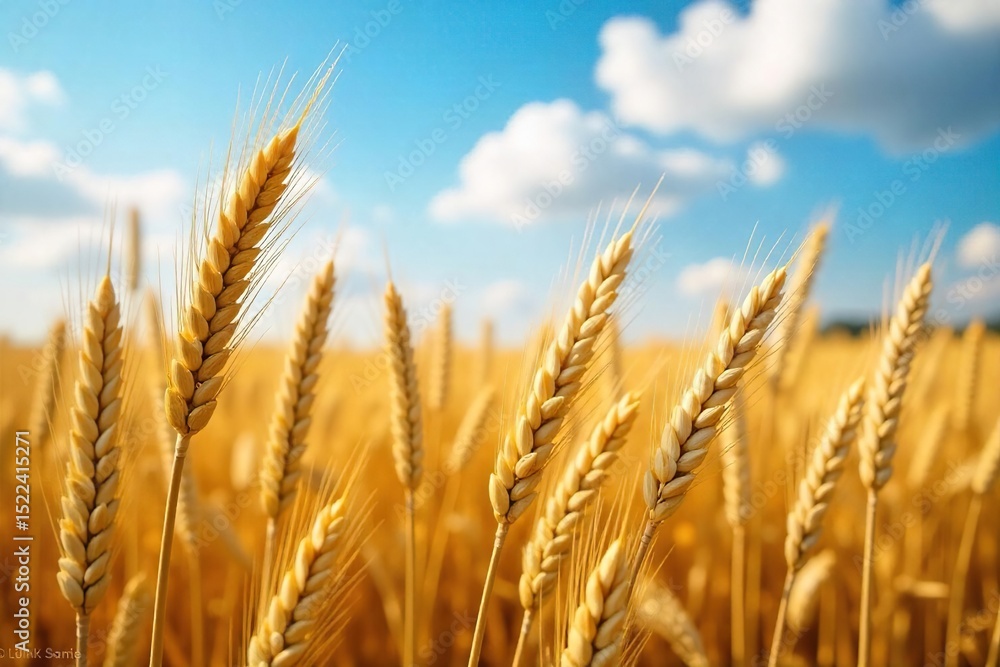 Fototapeta premium Golden wheat stalks heavy with grain, ready for harvest under a vibrant summer sky Abundant crop, rural landscape, agricultural bounty, rich soil , sun, nature