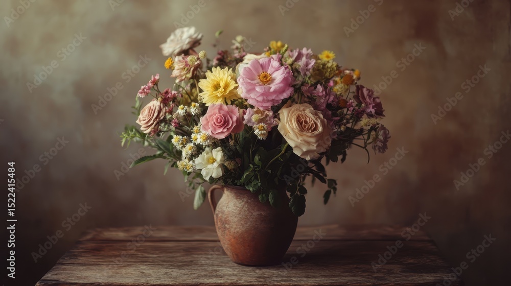 custom made wallpaper toronto digitalColorful floral arrangement in a rustic vase on a wooden table with a dark background