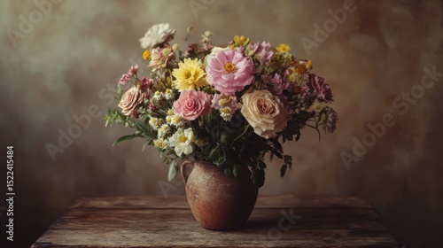 Wallpaper Mural Colorful floral arrangement in a rustic vase on a wooden table with a dark background Torontodigital.ca