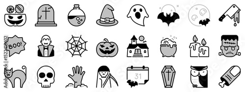 Icons in two tones about Halloween