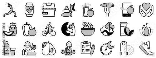 Icons in two tones about healthy lifestyle
