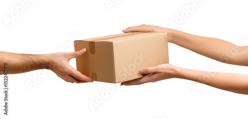 Hands exchanging a cardboard box isolated on transparent background