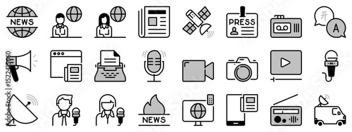 Icons in two tones about journalism and news.