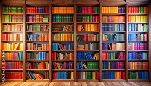 A Colorful Collection: An Array of Books on Wooden Bookshelves