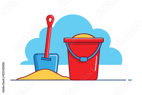 Cartoon Beach Red Bucket Filled with Sand and Blue Shovel Illustration