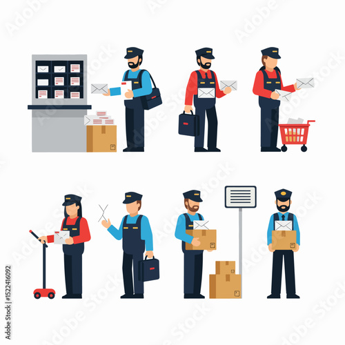 Postman delivering letters and packages on white