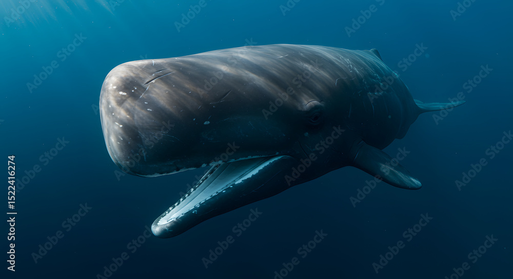 Fototapeta premium Sperm Whale Swimming in Deep Ocean