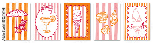 SET OF HAND DRAW SUMMER POSTER STYLE DOLCE VITA WITH SUMMER BEACH ELEMENTS