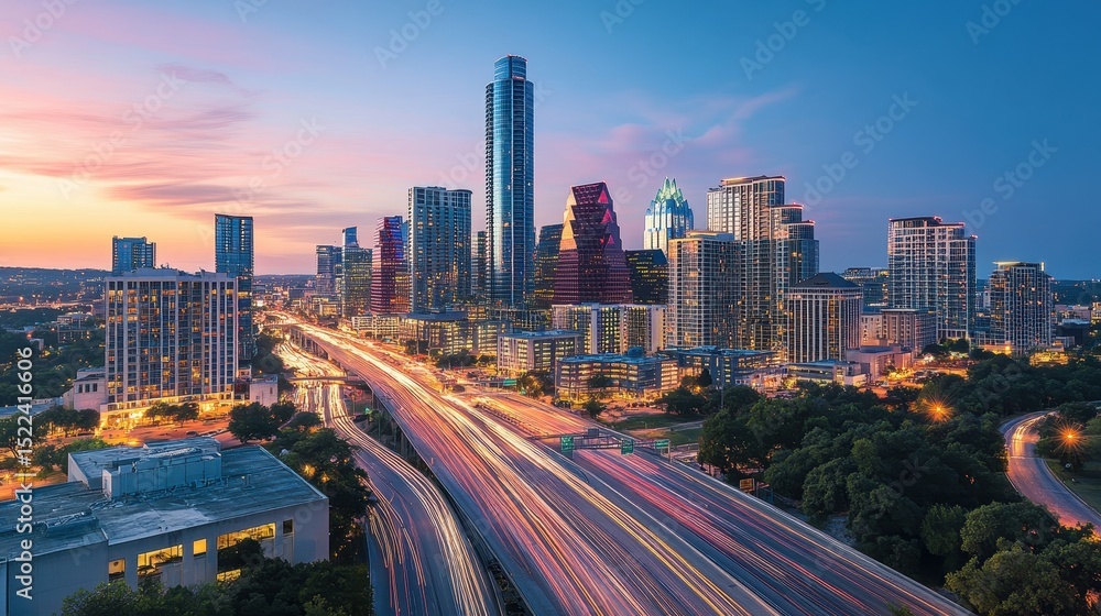 Fototapeta premium Vibrant sunset over a bustling city skyline with glowing lights and dynamic clouds