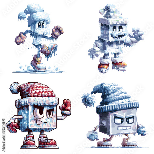 Cool ice cube characters with winter hats and frosty expressions in pixel art style. Ideal for winter, frozen drink, and fun seasonal character sets.

