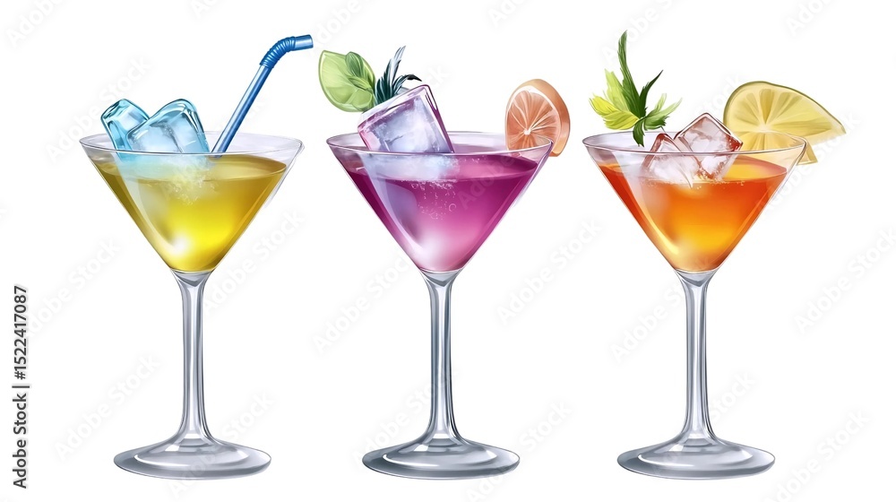 Three colorful cocktails with ice and garnish Three colorful cocktails with ice and garnish