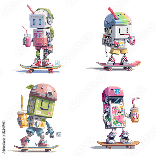 Stylish drink robots on skateboards holding juice cups with funky accessories. Vibrant futuristic characters great for youth, beverage, and urban lifestyle content.

