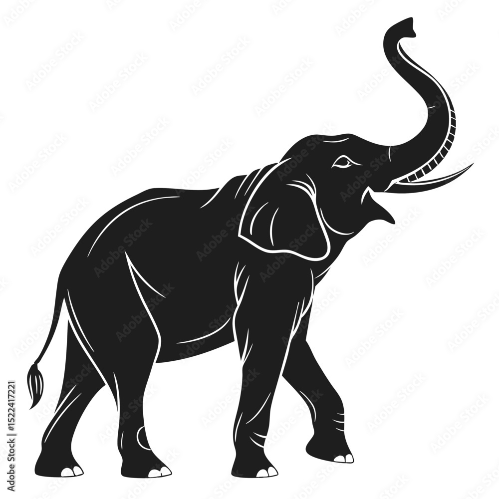 Obraz premium Silhouette Elephant, Trunk Up, Isolated, Animal Icon, Mammal, Graphic, Black and White