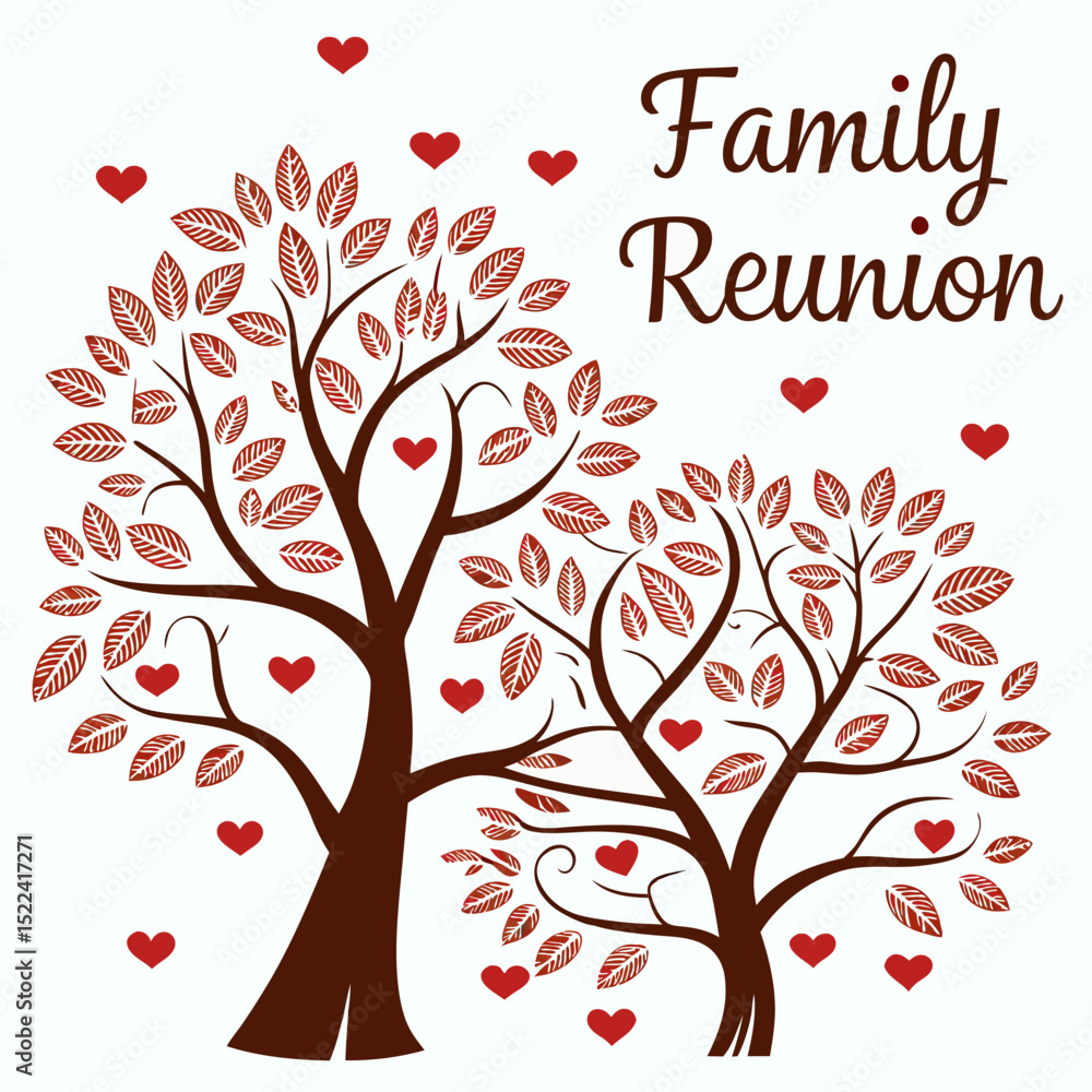 Fototapeta premium Decorative family reunion illustration featuring stylized trees and floating red hearts ideal for invitations