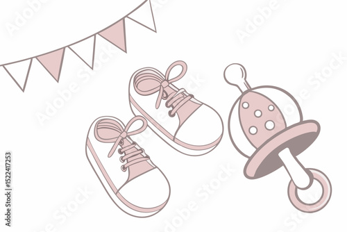 Cute baby shower illustration with pastel colors featuring baby shoes rattle and banner for announcement