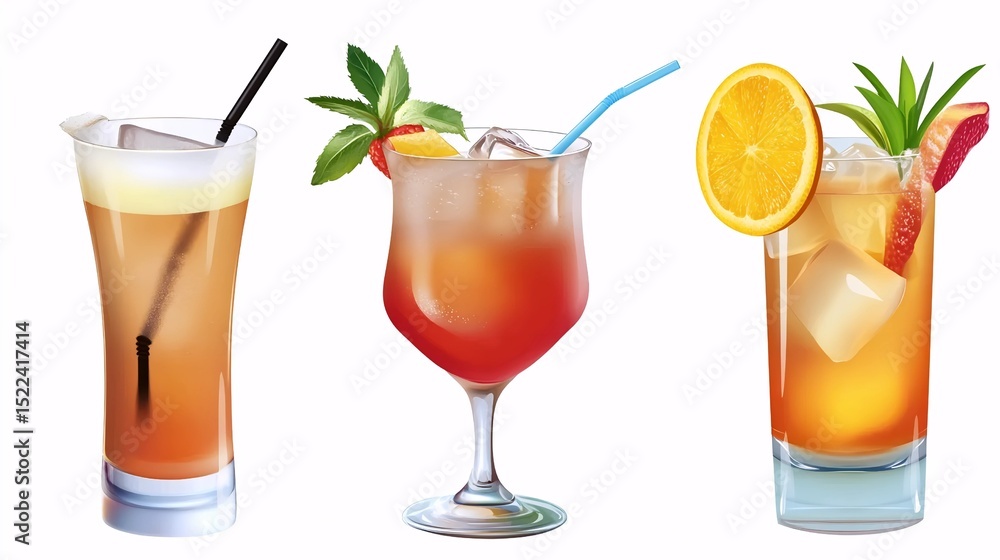 Three refreshing summer cocktails with fruit garnishes Three refreshing summer cocktails with fruit garnishes