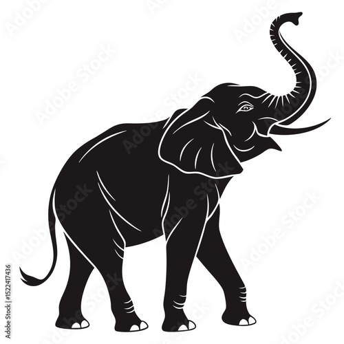 Stylized Black Elephant Silhouette with Raised Trunk Isolated on White Background