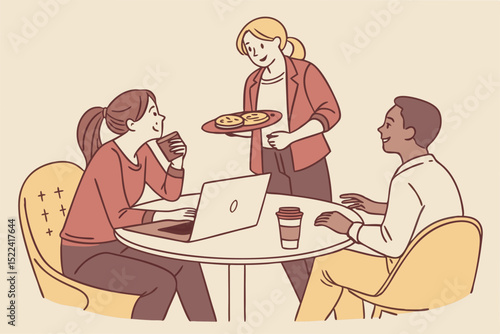 Illustration of people working together or at a cafe with laptop and serving cookies with friendly interactions