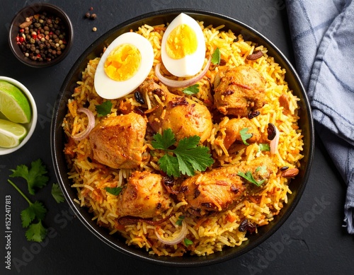 Delicious chicken biryani with hard boiled eggs