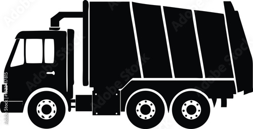 Detailed Black Silhouette Illustration of a Garbage Truck with Three Axles and Large Capacity
