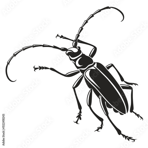 Monochromatic Longhorn Beetle Silhouette, Entomology Insect Clipart, Bug Antennae Design