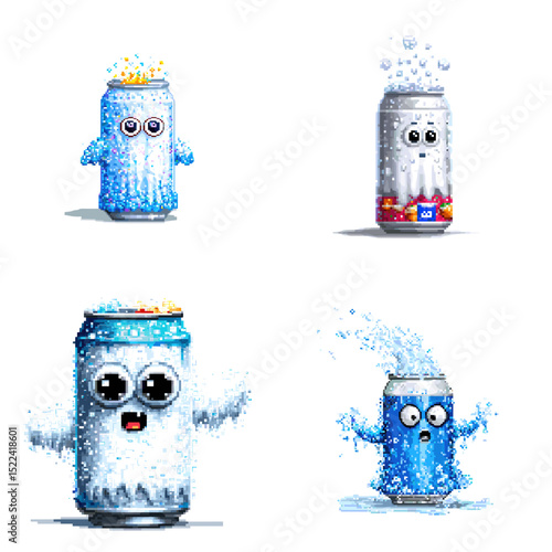 Splashy and bubbly drink can characters in playful poses—great for beverage branding, children's games, or refreshing summer-themed illustration packs.

