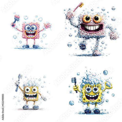 Adorable bubbly monsters with toothbrushes and big smiles—perfect for kids' dental care education, hygiene campaigns, or fun character animation.

