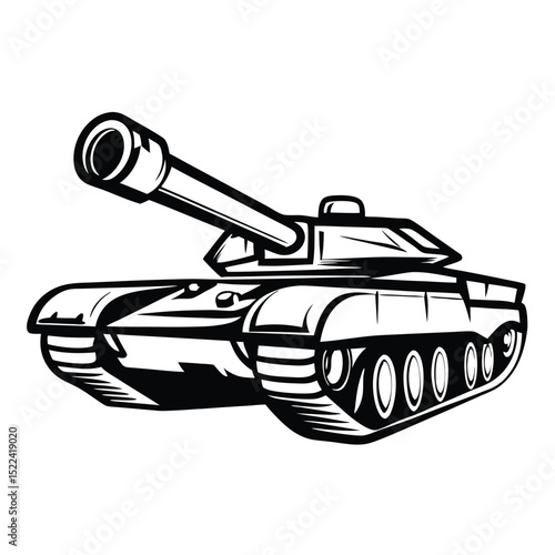 Detailed Tank Bold Outlines, Black and White, Side View, Cannon Up