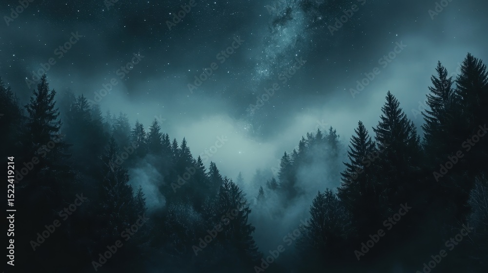 Naklejka premium Starry night sky over a wooded path in a tranquil forest under a clear celestial display