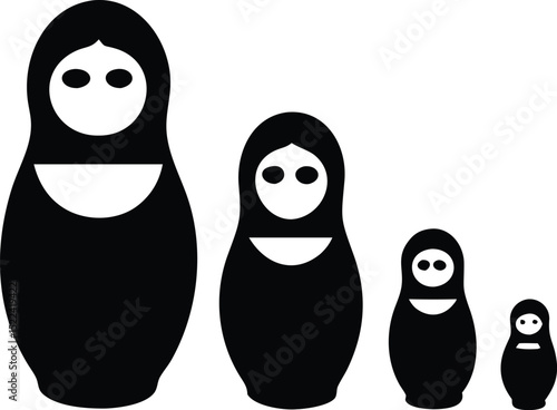 Four Black Matryoshka Dolls in Graduated Sizes, Featuring Simple Facial Designs on a White Background