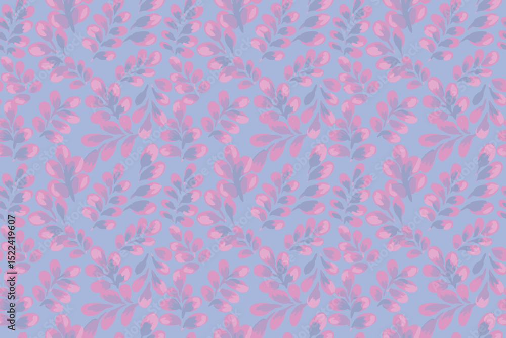 Seamless vector pattern featuring lush soft pink leaves in a watercolor style on a pastel blue background. Botanical design for textiles, packaging, wallpapers, branding, decor, prints Seamless vector pattern featuring lush soft pink leaves in a watercolor style on a pastel blue background. Botanical design for textiles, packaging, wallpapers, branding, decor, prints
