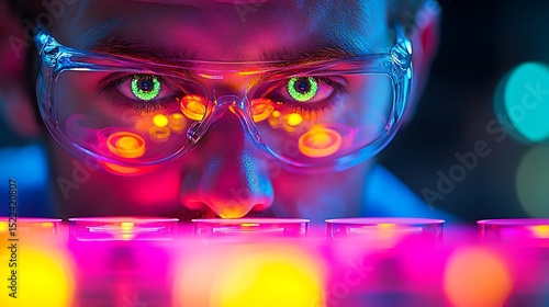 Close up of a Scientist's Focused Gaze in Vibrant Neon Lab Lighting Examining Samples