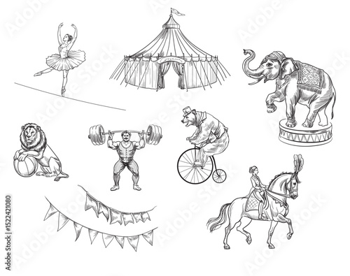 vector set of illustrations on the theme of circus