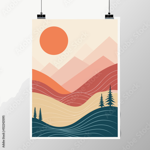 Abstract landscape poster, artistic mood, featuring mountains and sun in a modern color palette and graphic style