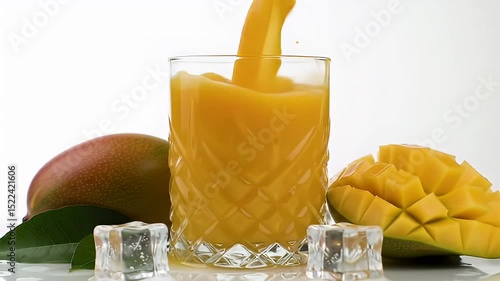 Bright Mango Juice Poured into a Glass with Ice Cubes and Whole and Sliced Mangoes on a White Background