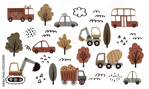 Set of cute vehicle illustrations including excavator, car, fire truck, cement mixer, dump truck, and trees in whimsical children’s style. Vector art isolated on white. Perfect for kids’ design 