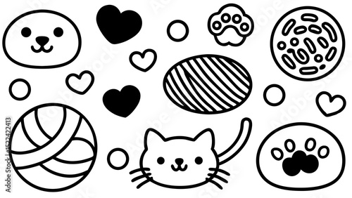 A charming collection of whimsical line art illustrations featuring adorable animals hearts paw prints and circular shapes on white backgrounds.