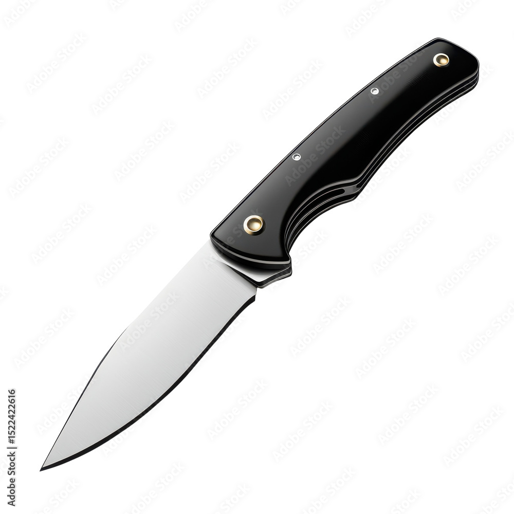 Obraz premium Polished Pocket Knife with Black Handle Shiny Blade Collecting Hunting on transparent background