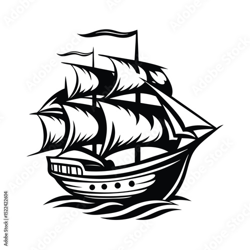 Black & White Silhouette Vintage Sailing Ship with Detailed Sails & Ocean Waves Art