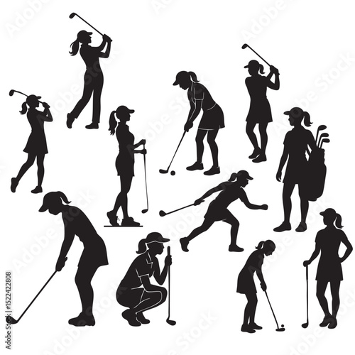 Collection of vector illustrations of professional women golfer silhouettes vector design
