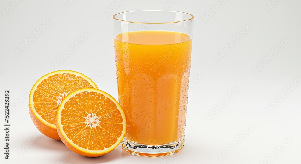 Refreshing Orange Juice in Glass with Orange Slices on White Background, Healthy and Fresh Tropical Drink, Close Up Detailed View, Sweet Citrus Beverage Refreshing Orange Juice in Glass with Orange Slices on White Background, Healthy and Fresh Tropical Drink, Close Up Detailed View, Sweet Citrus Beverage