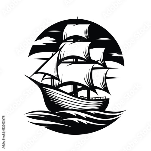 Black and White Silhouette Classic Sailing Ship with Full Sails in Circle